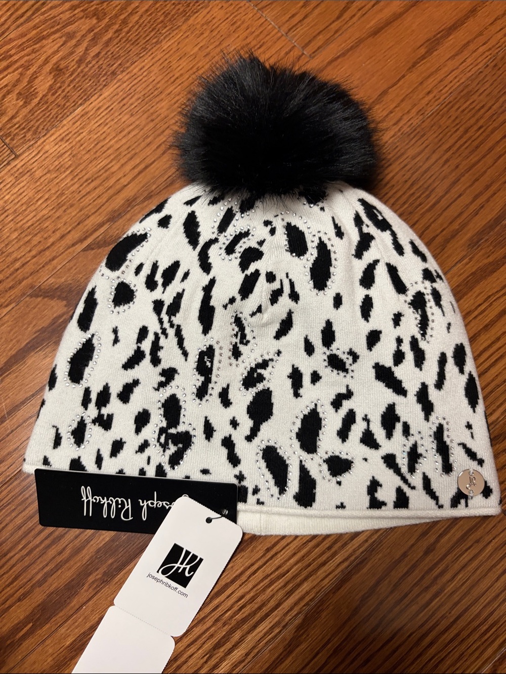 NWT Joseph Ribkoff Leopard Print Beanie Hat Pom Pom Black White Rhinestone